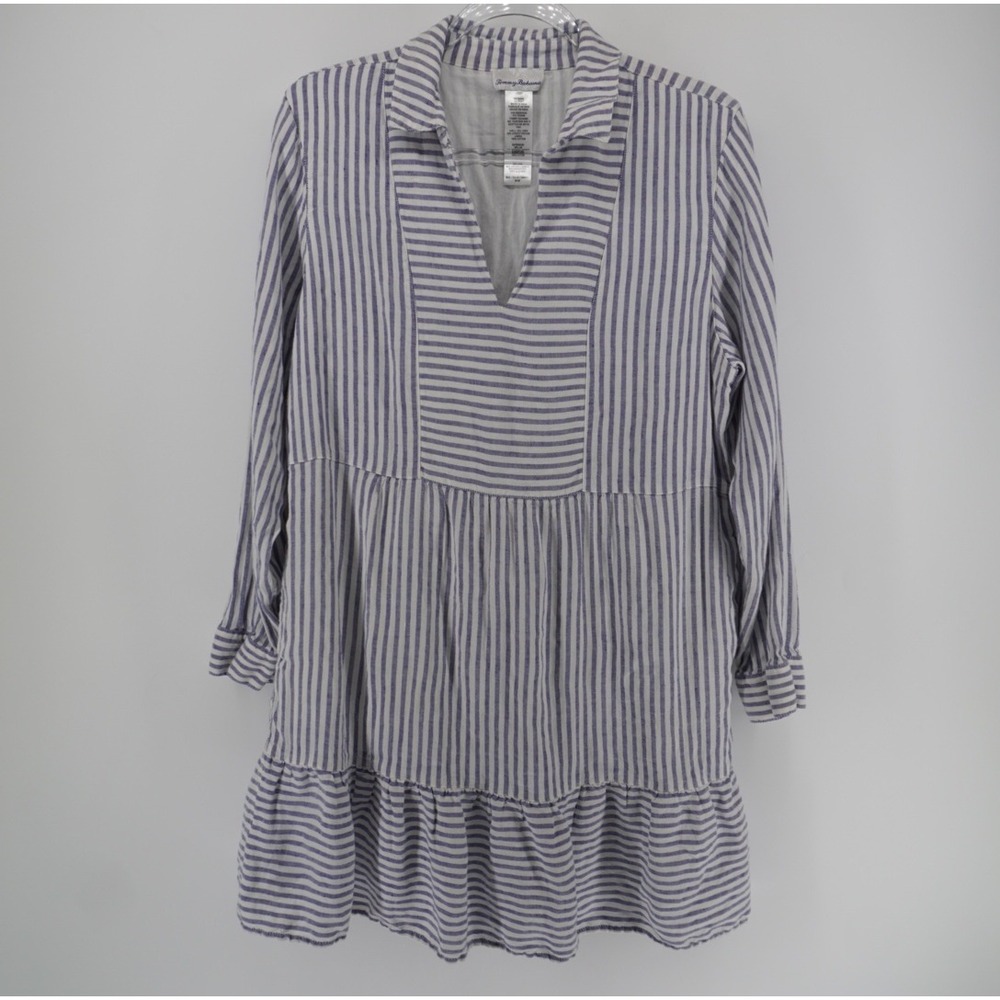 Tommy Bahama Blue White Striped Linen Blend Tiered Tunic Dress Medium Coastal